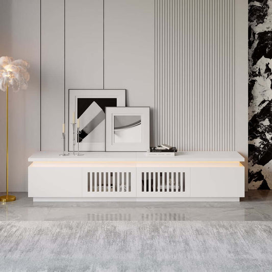 Modern White LED TV Stand For 70-79 Inch TVs, Slatted Design