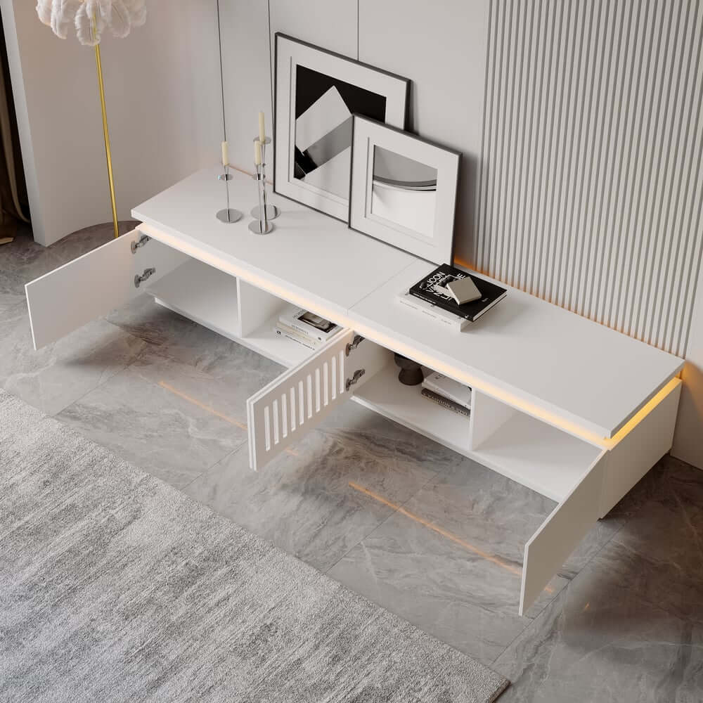 Modern White LED TV Stand For 70-79 Inch TVs, Slatted Design