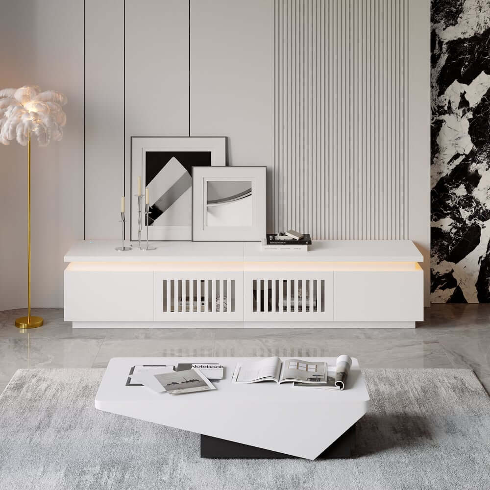 Modern White LED TV Stand For 70-79 Inch TVs, Slatted Design