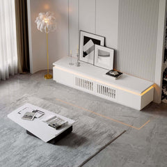 Modern White LED TV Stand For 70-79 Inch TVs, Slatted Design