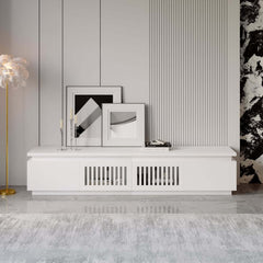 Modern White LED TV Stand For 70-79 Inch TVs, Slatted Design