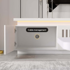 Modern White LED TV Stand For 70-79 Inch TVs, Slatted Design