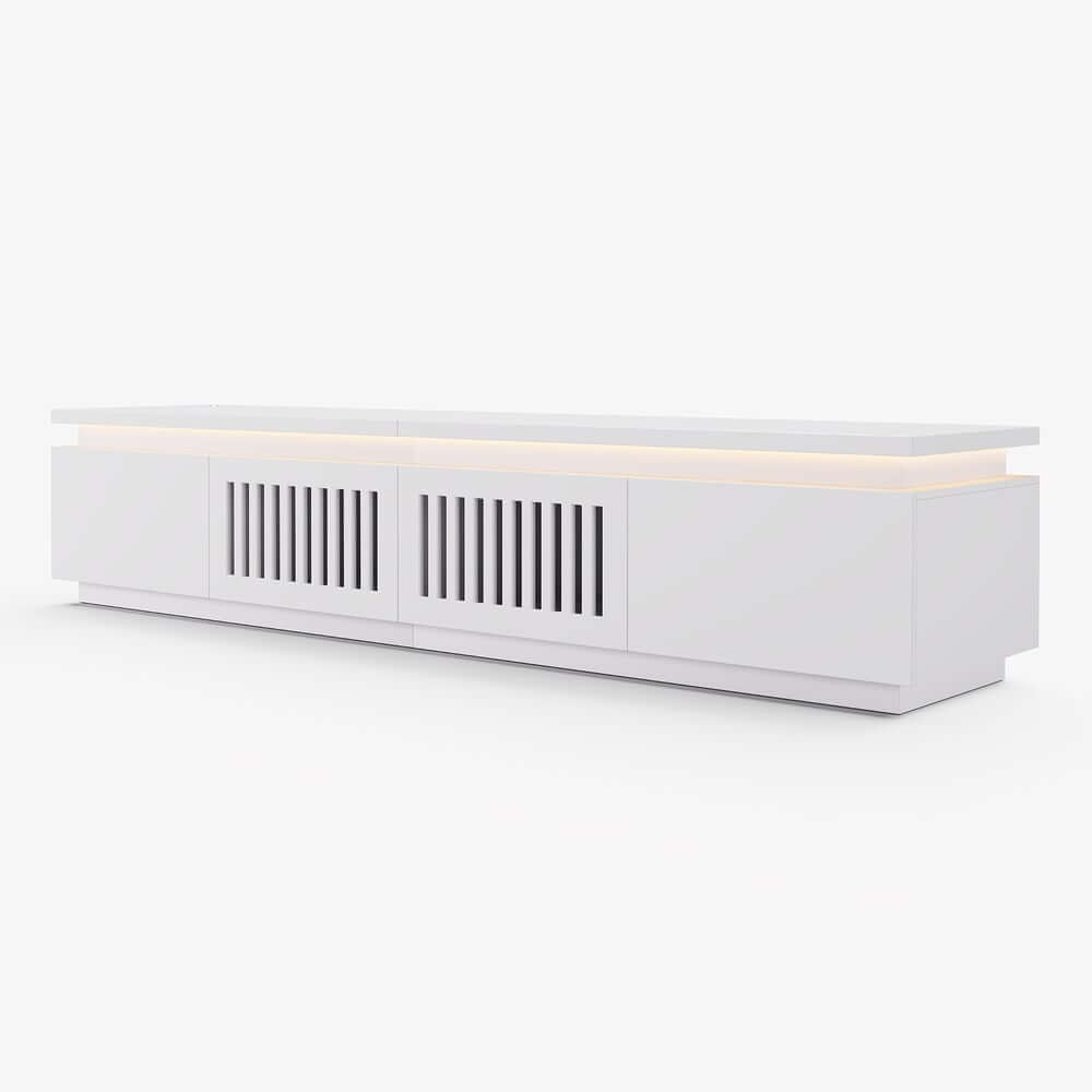 Modern White LED TV Stand For 70-79 Inch TVs, Slatted Design