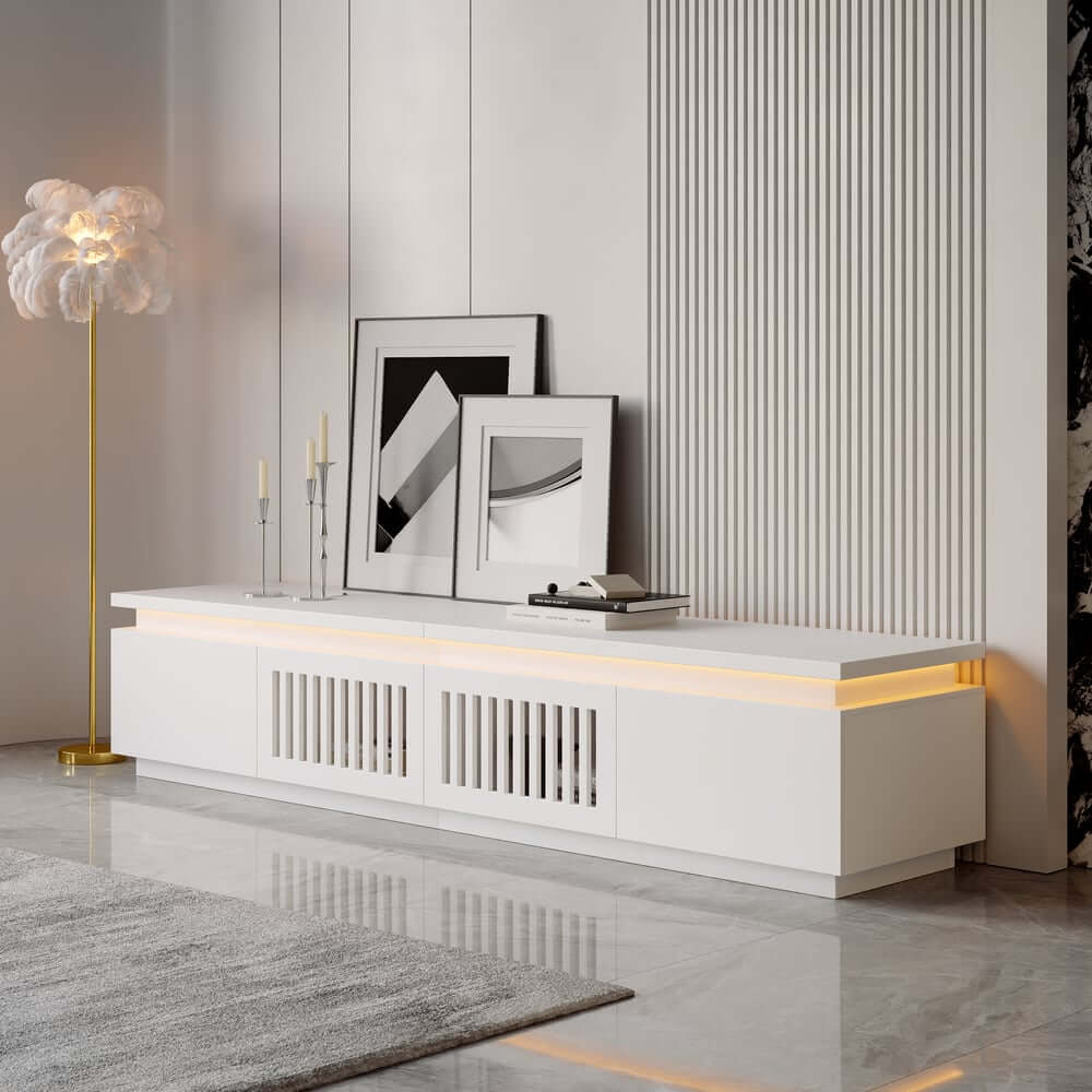 Modern White LED TV Stand For 70-79 Inch TVs, Slatted Design Main Product Image