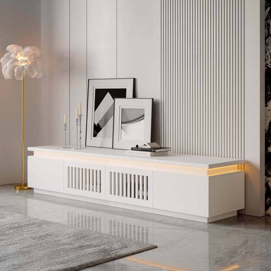 Modern White LED TV Stand For 70-79 Inch TVs, Slatted Design Main Product Image