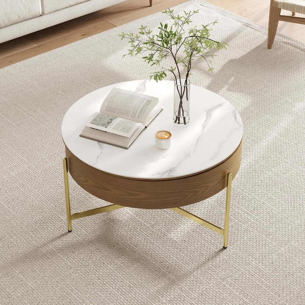 Modern White Lift-Top Coffee Table With Storage, Gold Base