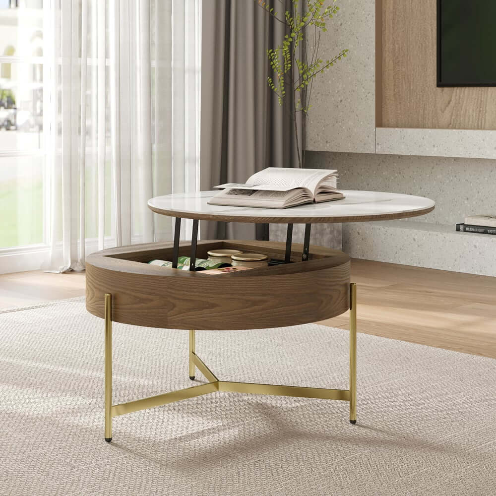Modern White Lift-Top Coffee Table With Storage, Gold Base