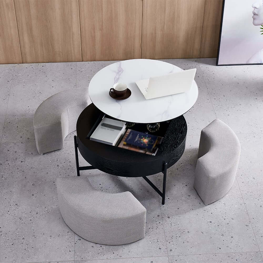 Modern White Lift-Top Coffee Table With Storage, Gold Base