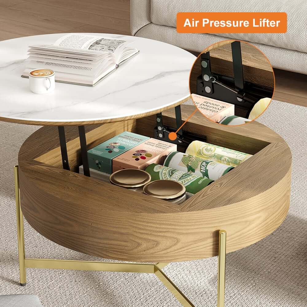 Modern White Lift-Top Coffee Table With Storage, Gold Base