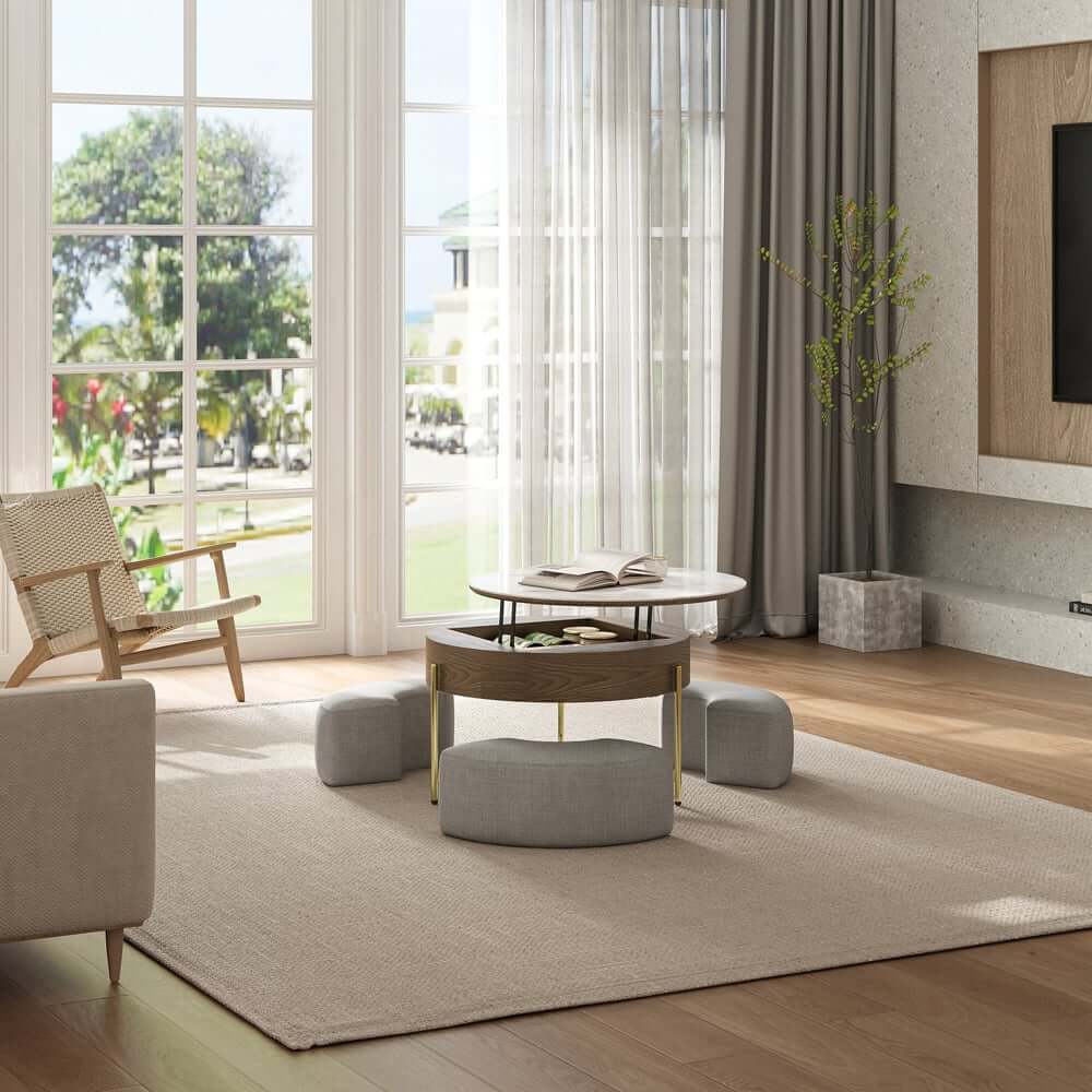 Modern White Lift-Top Coffee Table With Storage, Gold Base