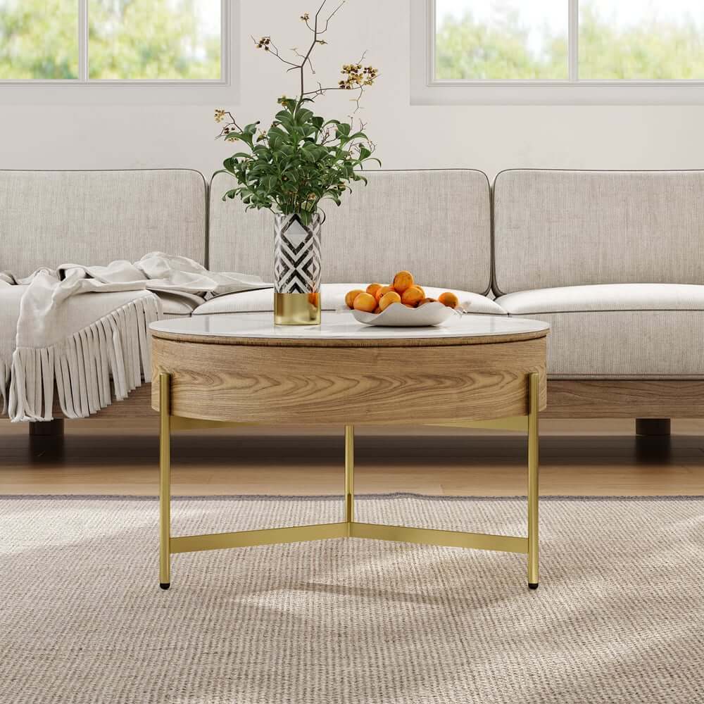 Modern White Lift-Top Coffee Table With Storage, Gold Base