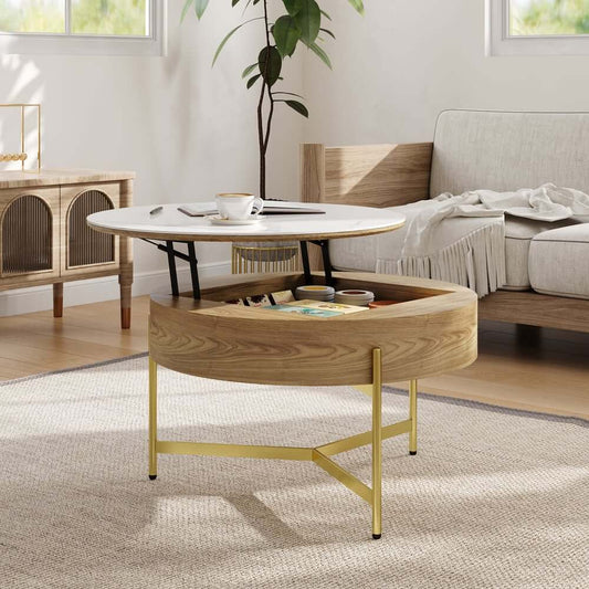 Modern White Lift-Top Coffee Table With Storage, Gold Base