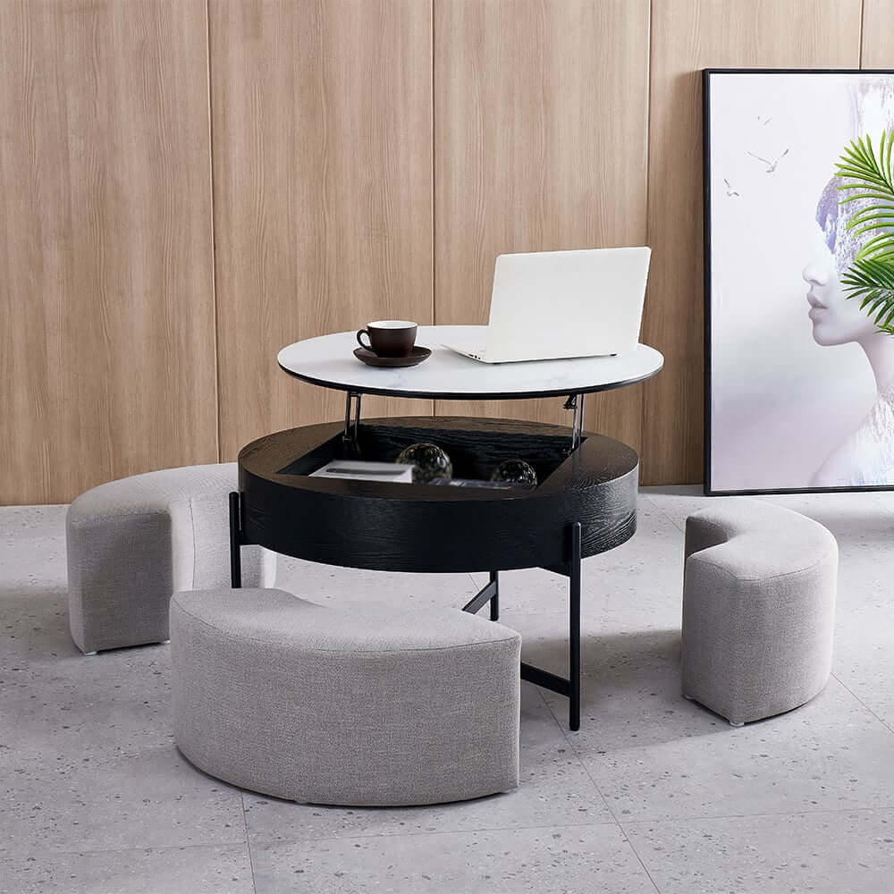 Modern White Lift-Top Coffee Table With Storage, Gold Base