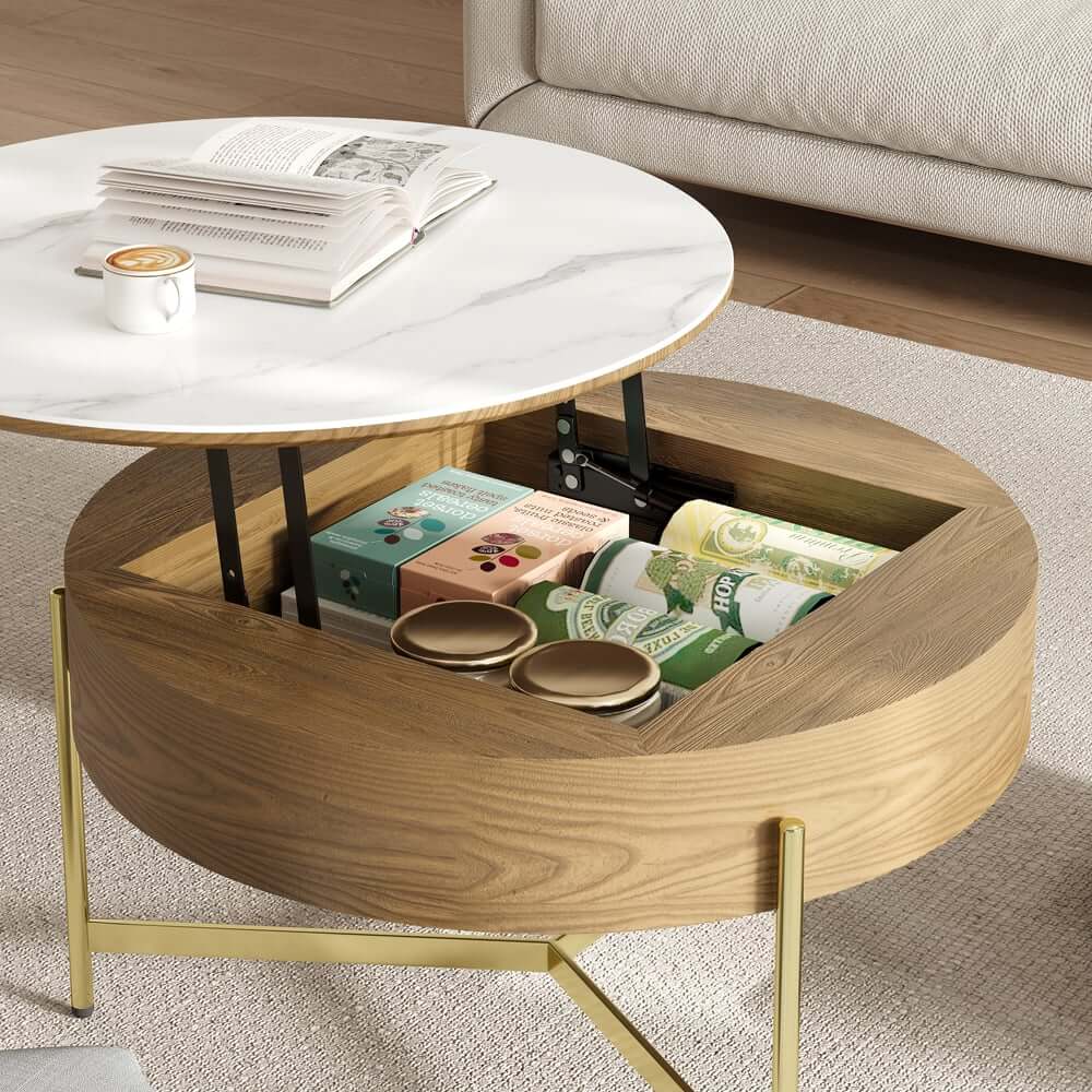 Modern White Lift-Top Coffee Table With Storage, Gold Base