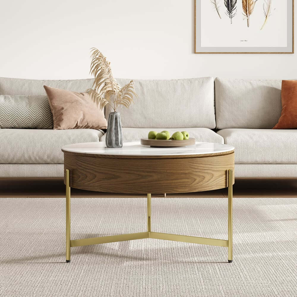 Modern White Lift-Top Coffee Table With Storage, Gold Base