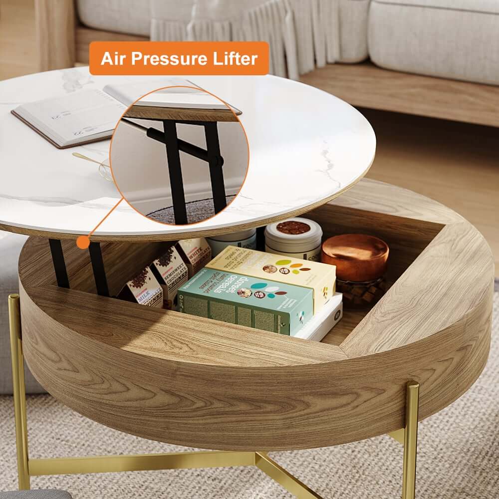 Modern White Lift-Top Coffee Table With Storage, Gold Base