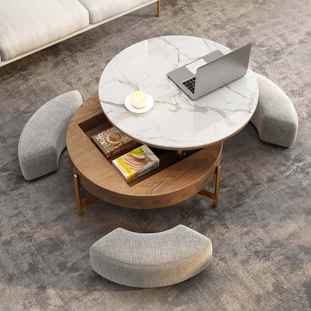 Modern White Lift-Top Coffee Table With Storage, Gold Base