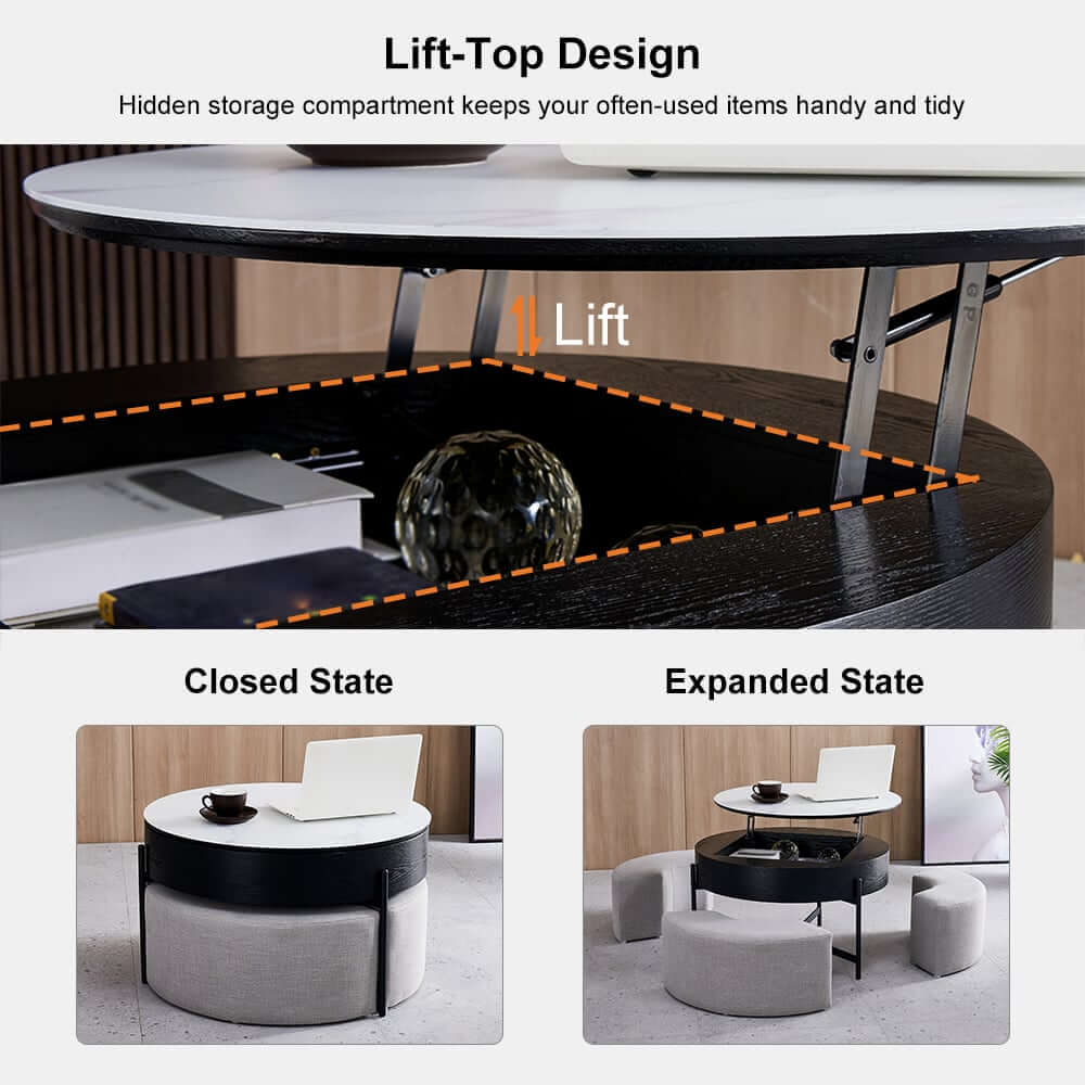 Modern White Lift-Top Coffee Table With Storage, Gold Base