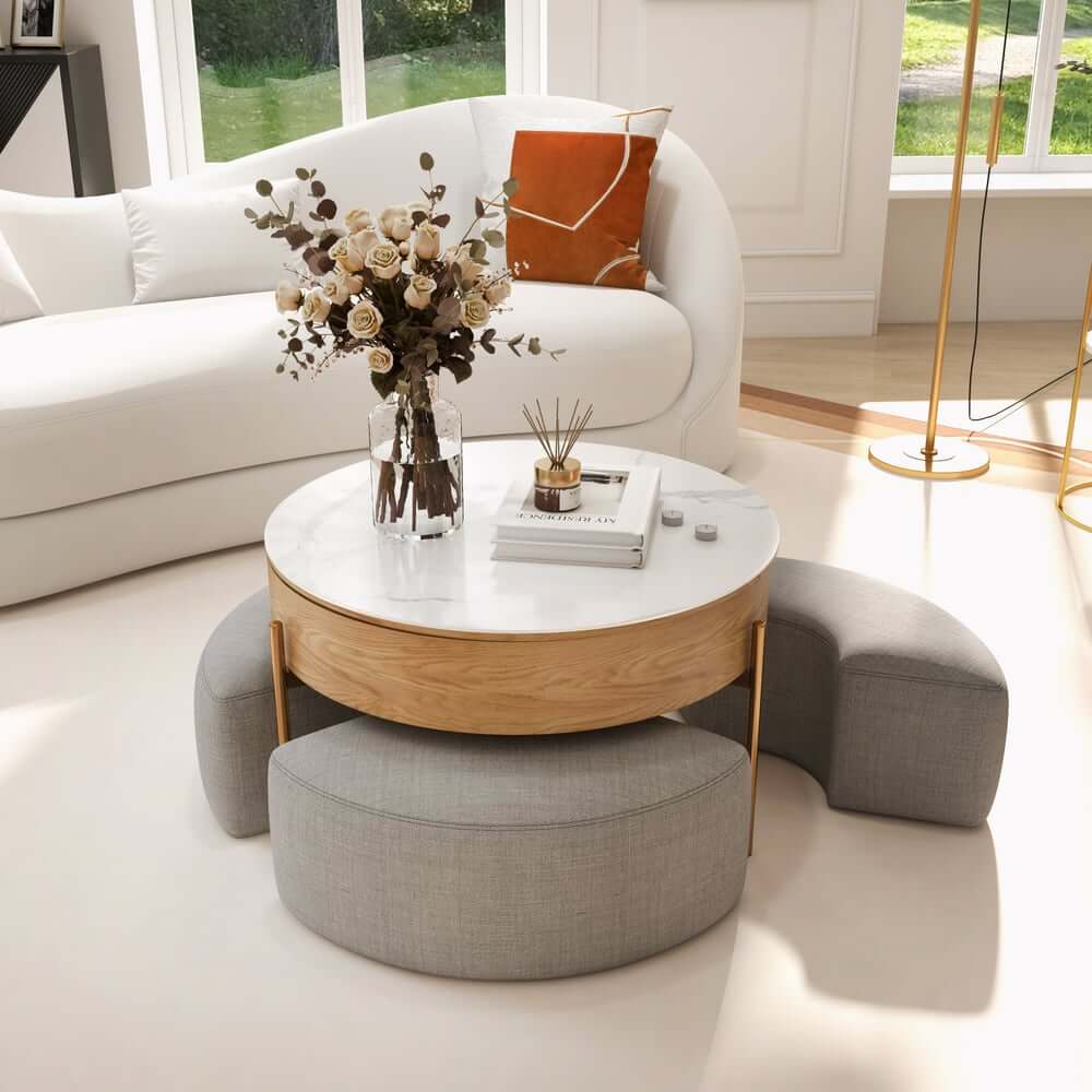 Modern White Lift-Top Coffee Table With Storage, Gold Base