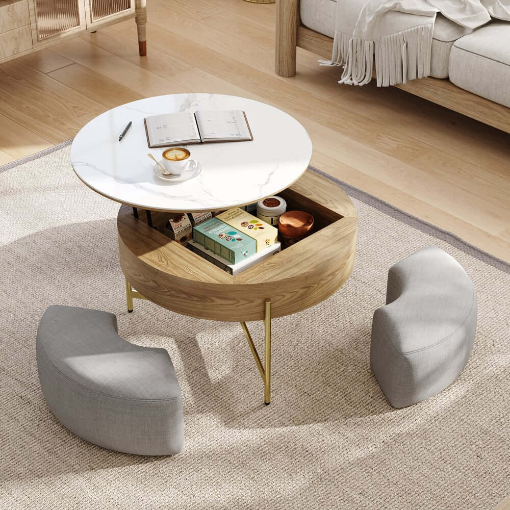 Modern White Lift-Top Coffee Table With Storage, Gold Base