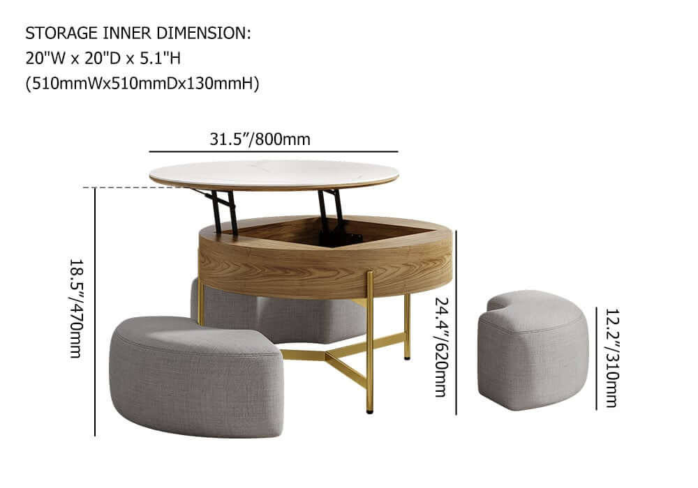 Modern White Lift-Top Coffee Table With Storage, Gold Base Dimensions