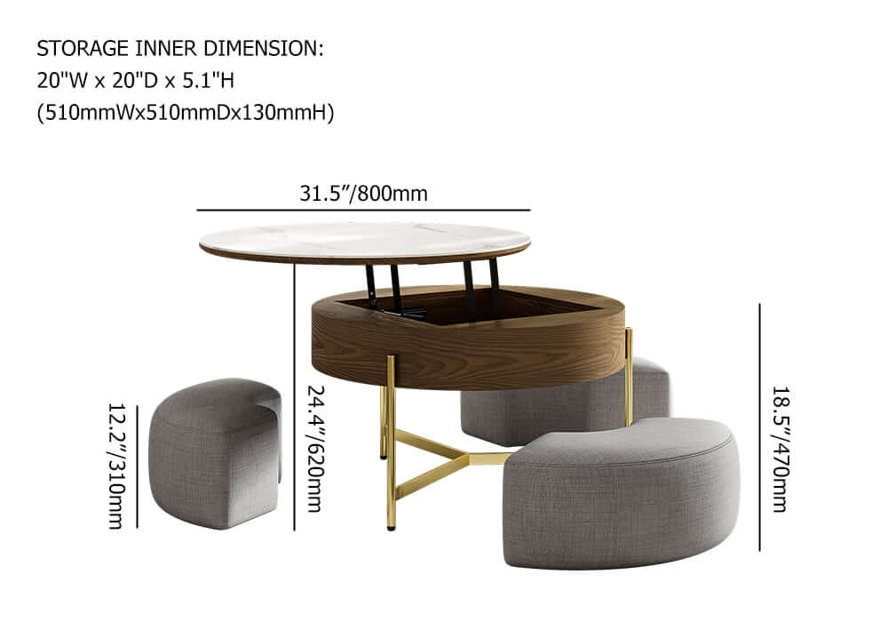 Modern White Lift-Top Coffee Table With Storage, Gold Base Dimensions