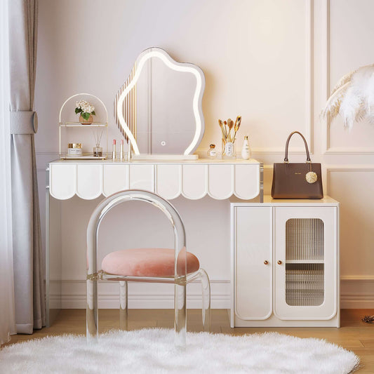 Modern White Makeup Vanity with Sintered Stone Top and Optional LED Mirror Main Product Image