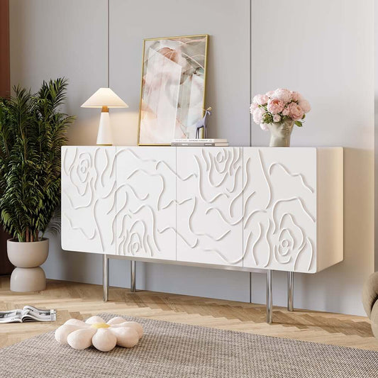 Modern White MDF Sideboard With Ornamental Carved Doors