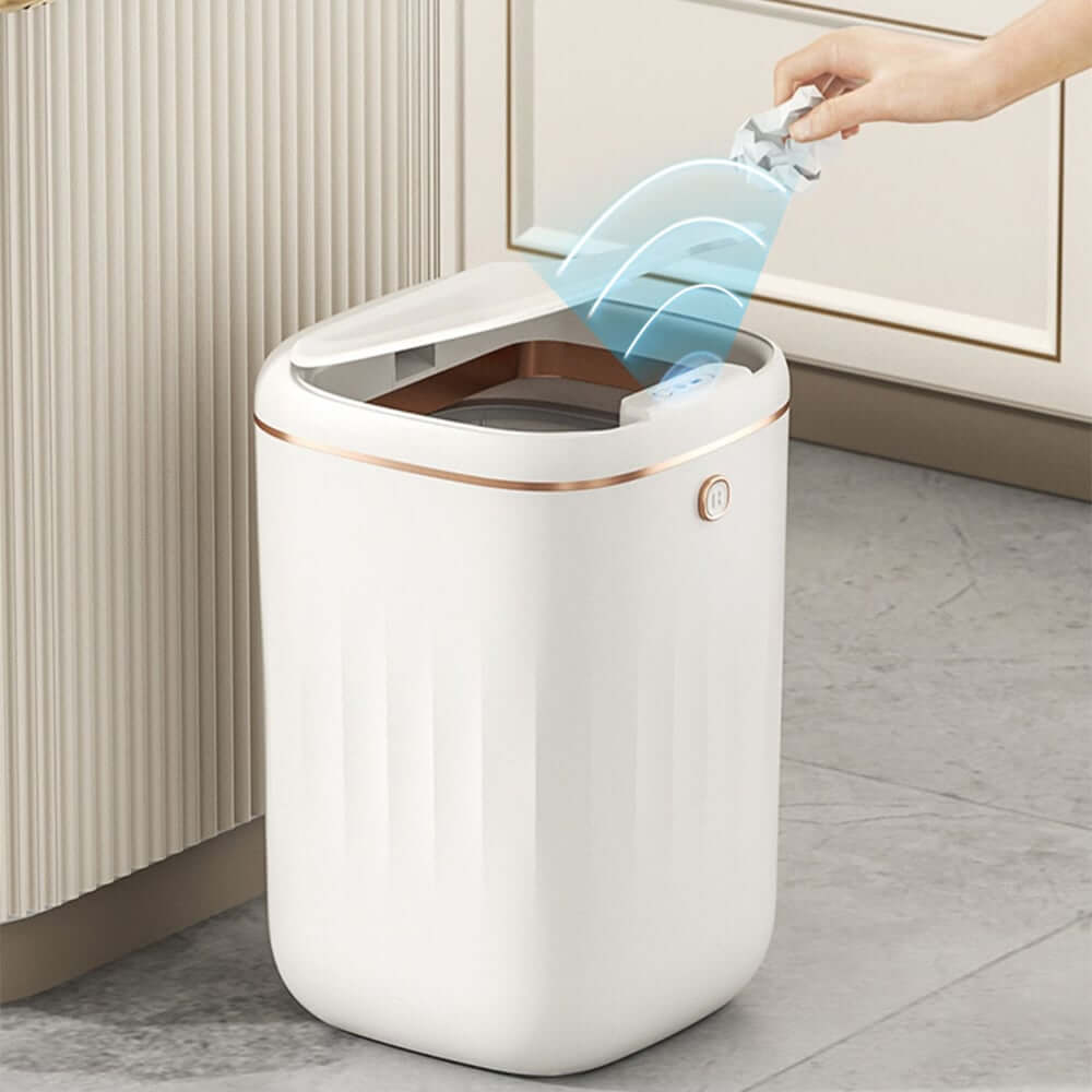 Modern White Motion Sensor Trash Can with Waterproof Design Main Product Image