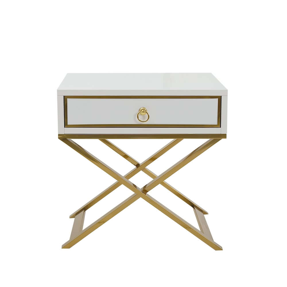 Modern White Pine Nightstand With Gold X Base