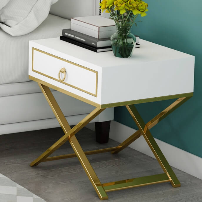Modern White Pine Nightstand With Gold X Base