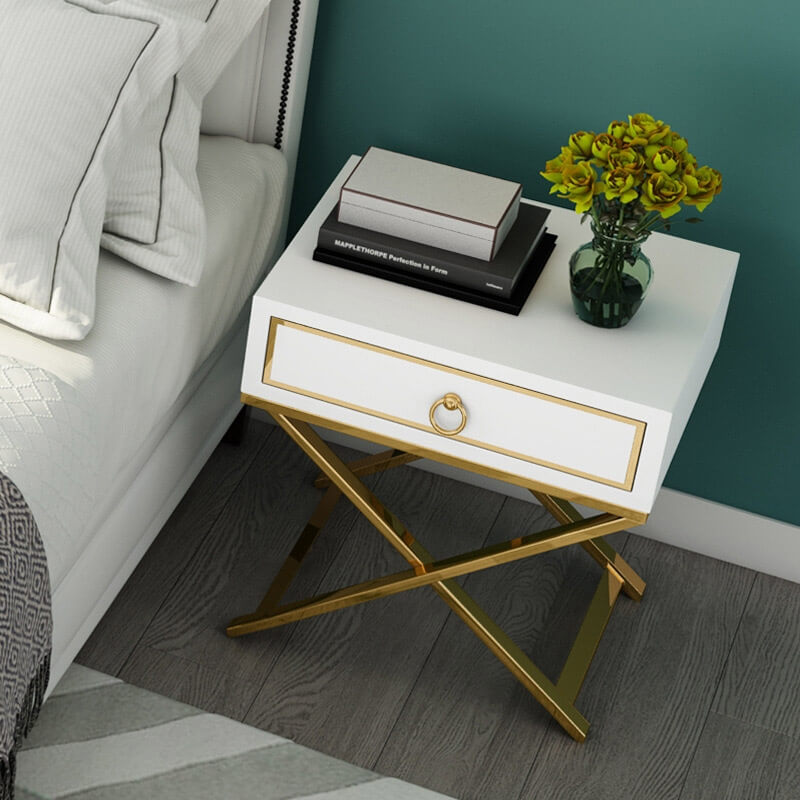 Modern White Pine Nightstand With Gold X Base