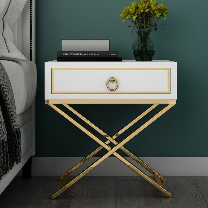 Modern White Pine Nightstand With Gold X Base