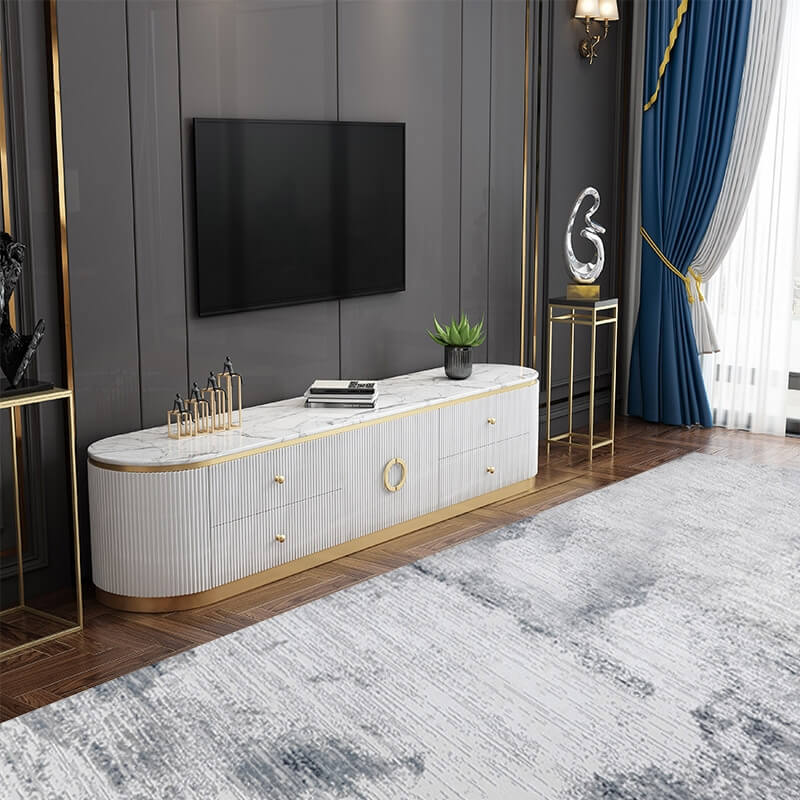 Modern White Pine Wood TV Stand With Gold Metal Legs