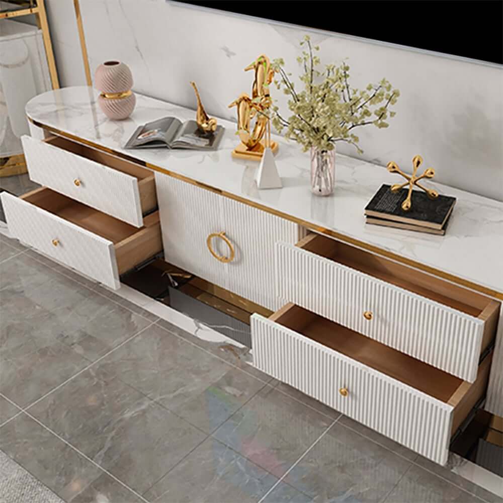 Modern White Pine Wood TV Stand With Gold Metal Legs