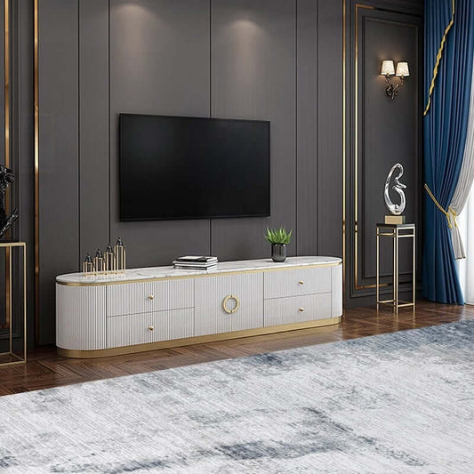 Modern White Pine Wood TV Stand With Gold Metal Legs Main Product Image