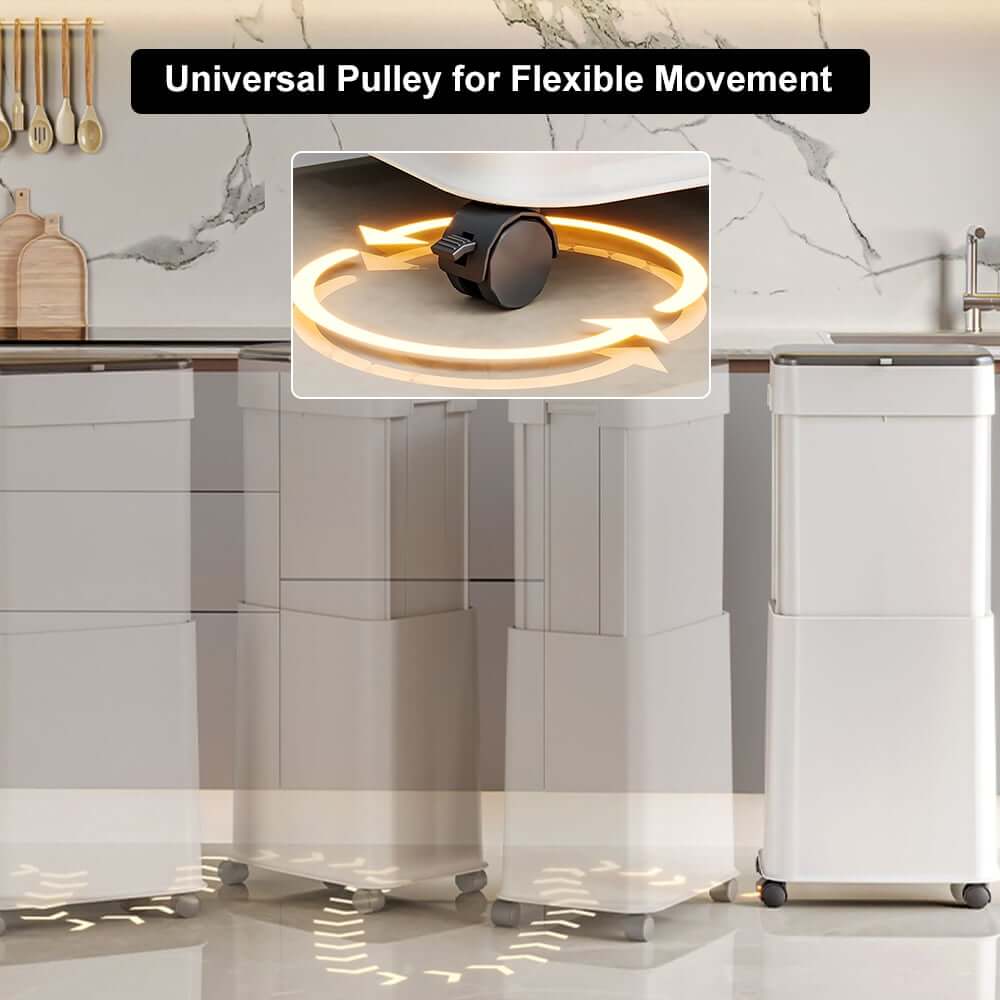 Modern White Plastic Lift Top Kitchen Trash Can with Wheels