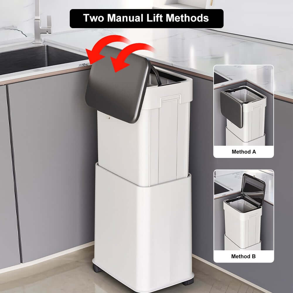 Modern White Plastic Lift Top Kitchen Trash Can with Wheels