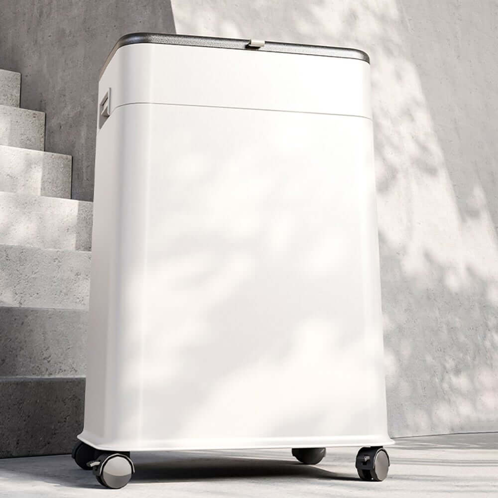 Modern White Plastic Lift Top Kitchen Trash Can with Wheels