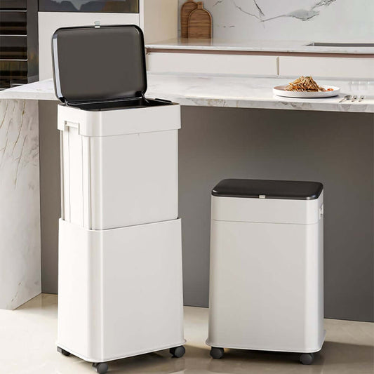 Modern White Plastic Lift Top Kitchen Trash Can with Wheels