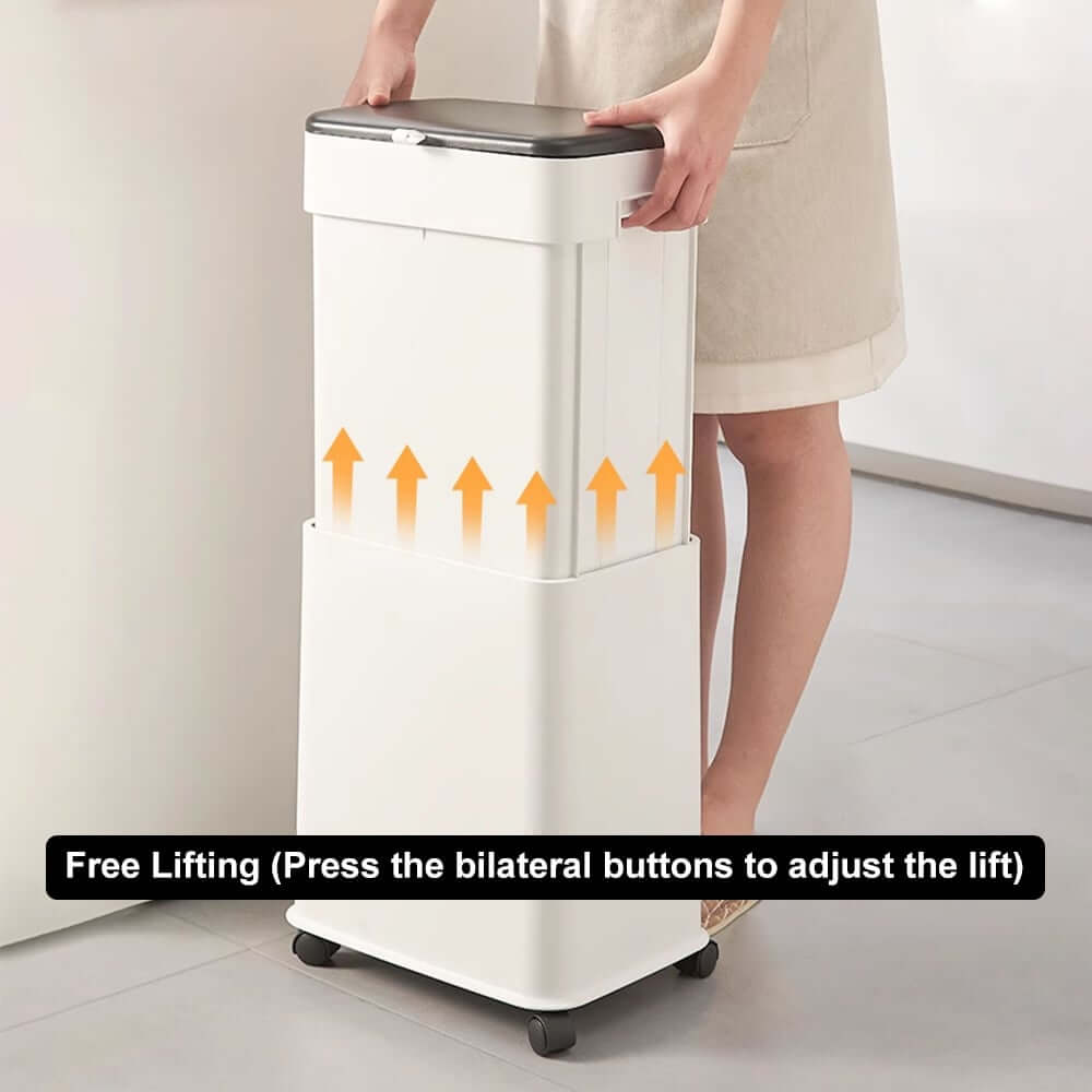 Modern White Plastic Lift Top Kitchen Trash Can with Wheels