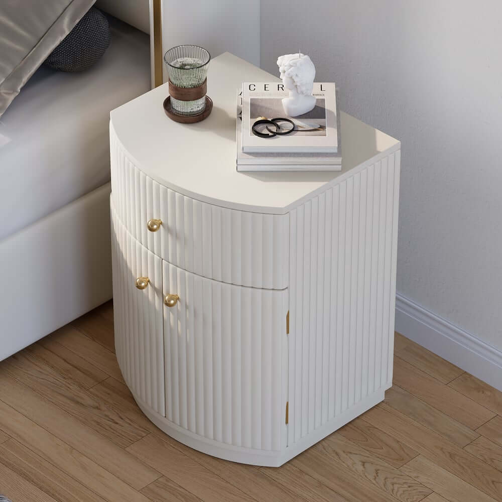 Modern White PU Leather Barrel Nightstand With Drawer