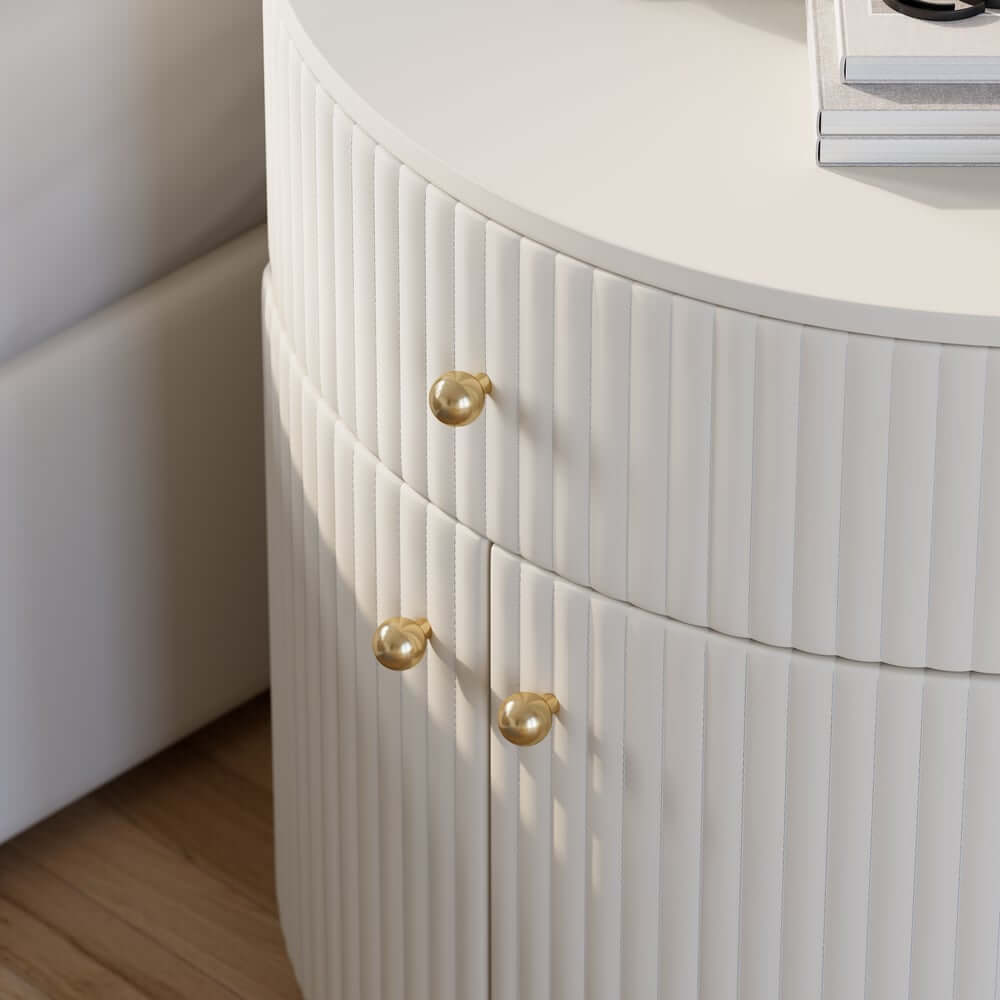 Modern White PU Leather Barrel Nightstand With Drawer