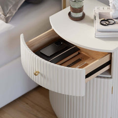 Modern White PU Leather Barrel Nightstand With Drawer