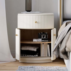 Modern White PU Leather Barrel Nightstand With Drawer