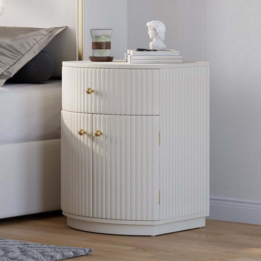 Modern White PU Leather Barrel Nightstand With Drawer