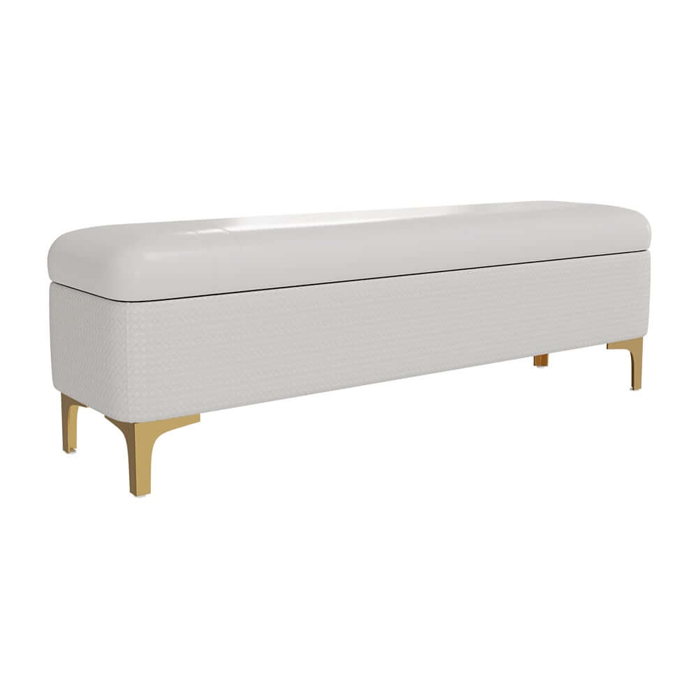 Modern White PU Leather Storage Bench With Gold Metal Legs