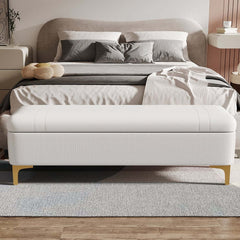 Modern White PU Leather Storage Bench With Gold Metal Legs