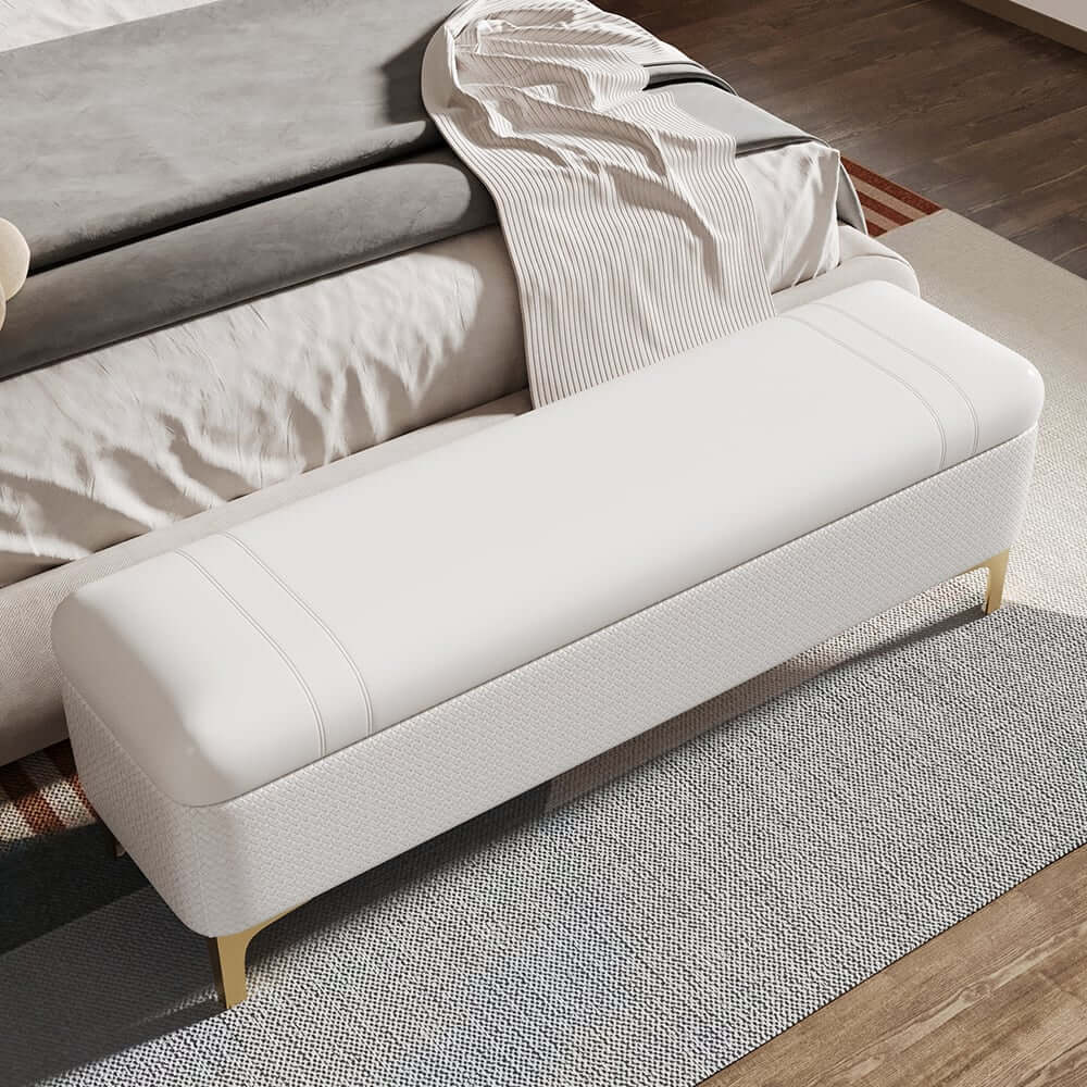 Modern White PU Leather Storage Bench With Gold Metal Legs