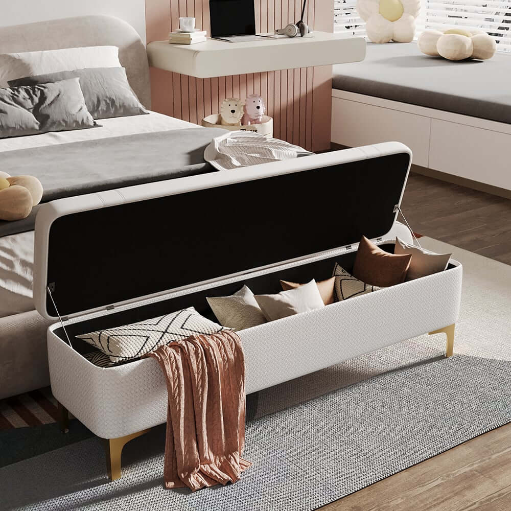Modern White PU Leather Storage Bench With Gold Metal Legs